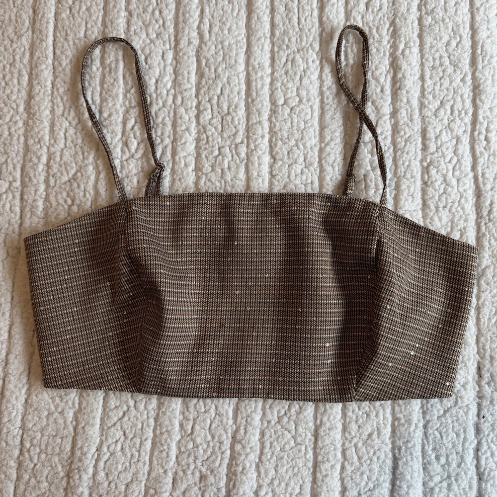House Of Harlow 1960 Sequins Sexy Plaid‎ Bralette Cropped Top Smocked Brown M